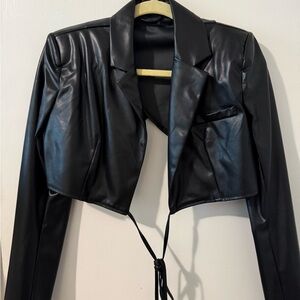 PrettyLittleThing Black Tie-Front Leather Jacket